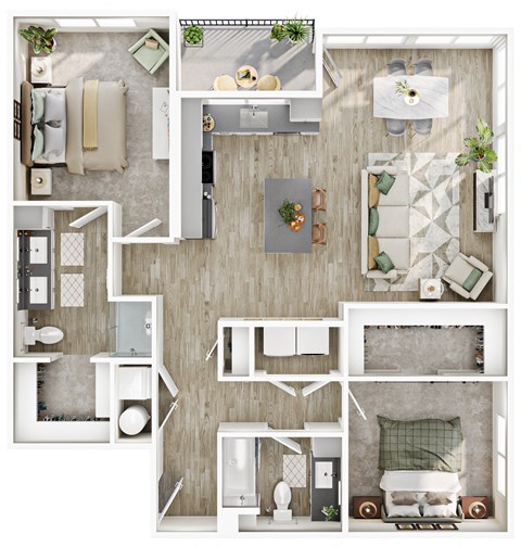 Floor plan for 2 beds, 2 baths, 1197 sqft